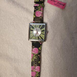 Betsy Johnson Silver & Black Dial Watch Floral Faux Leather Strap HUGE